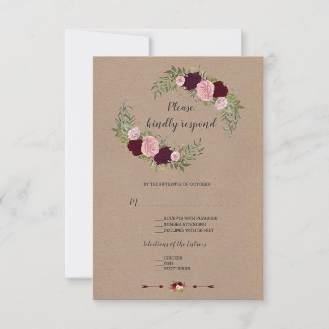 Chic Marsala Floral Craft Papier Hochzeit RSVP (Vorderseite)