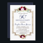 Chic Marsala Floral Navy Blue Gold 50. Geburtstag Einladung<br><div class="desc">Marsala Floral Navy Blue Gold Herbst Geburtstagseinladung. Sie können Ihre Anzahl von Jahren hinzufügen. Dieses rustikale Design verfügt über ein Vintages Imitat vergoldeten Glitzer Rahmen, prächtige Aquarellfarben Blume auf dem Rahmen, Pfeile mit Herz und Blume Bouquet (als Trenner) auf einem weißen Hintergrund. Auf der Rückseite befindet sich ein schöner bordeauxfarbener...</div>
