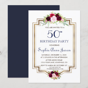 Chic Marsala Floral Navy Blue Gold 50. Geburtstag Einladung