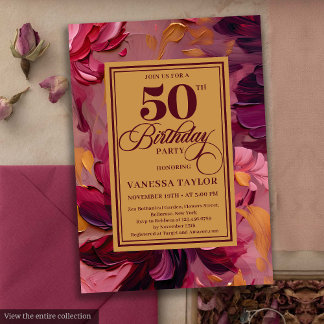Chic marsala rot Gold Blüte 50. Geburtstag Einladung
