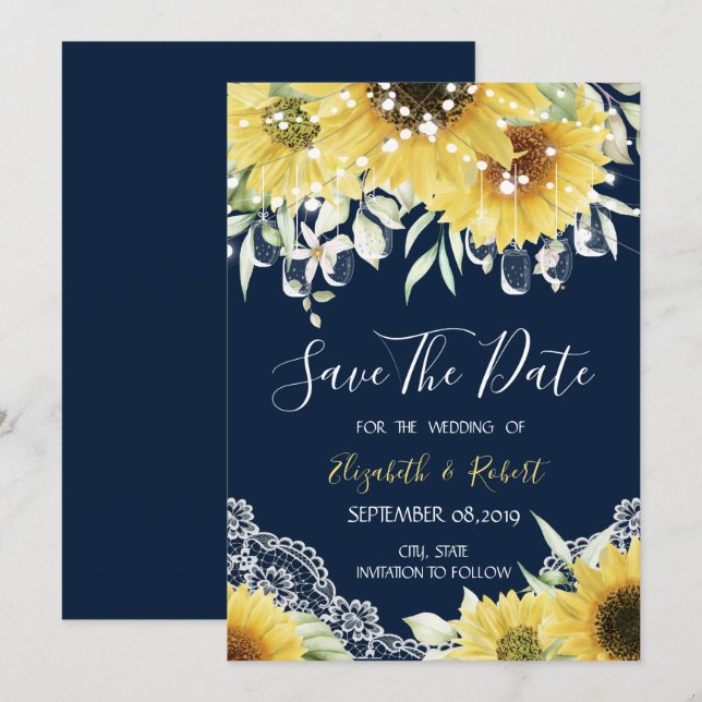 Chic Mason Jar, Spitzen, Sonnenblumen Navy Blue Save The Date (Vorne/Hinten)