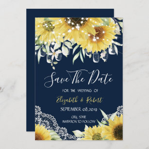 Chic Mason Jar, Spitzen, Sonnenblumen Navy Blue Save The Date