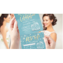 Chic Mason Jar String Light Blue Gold Wedding RSVP