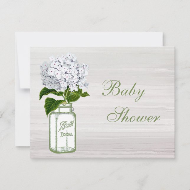Chic Mason Jar & White Hydrangea Babydusche Einladung (Vorderseite)