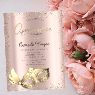 Chic Masque, Confetti Rose Gold Quinceñera Einladung