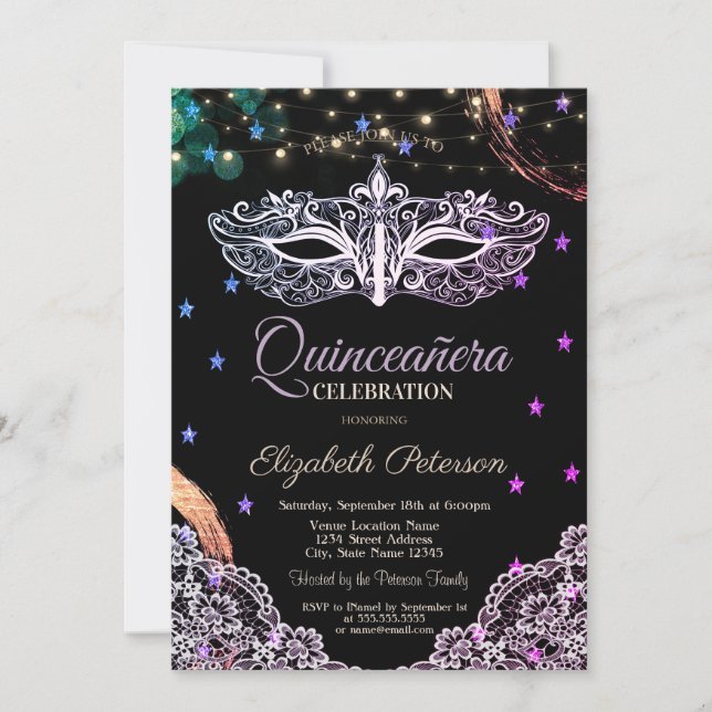 Chic Masque, String Lights, Lace, Stars Quinceañer Einladung (Vorderseite)