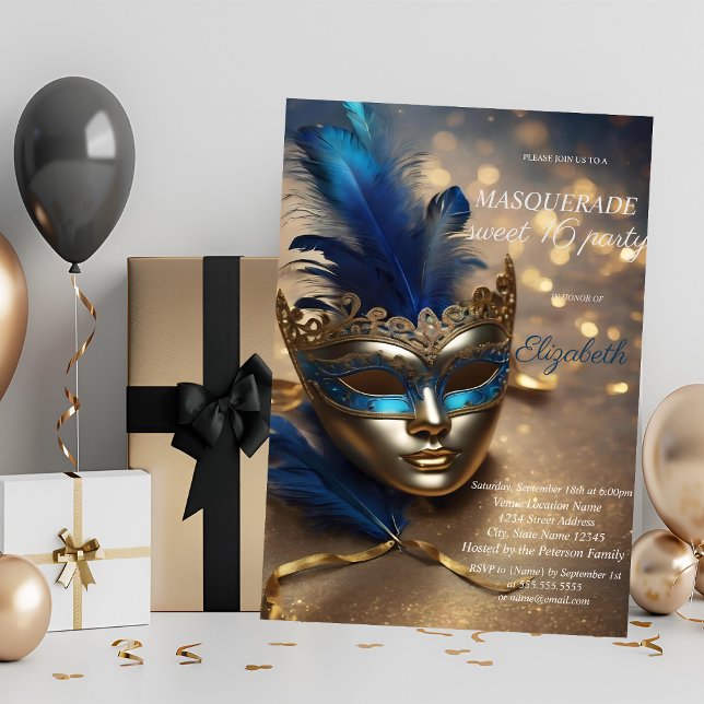 Chic Masquerade Blue Masque Bokeh Sweet 16 Einladung (Von Creator hochgeladen)