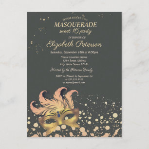 Chic Masquerade, Dots, Masque Sweet 16 Einladungspostkarte