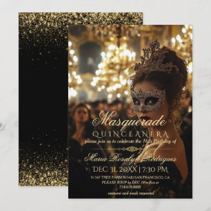 Chic Masquerade Gold Quinceanera Foto Einladung
