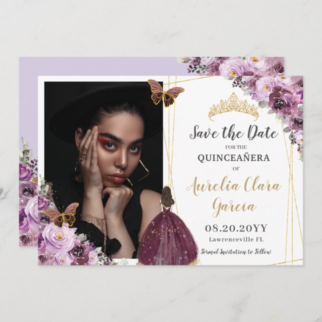 Chic Mauve Plum Lila Floral Quinceñera Foto Sa Save The Date (Vorne/Hinten)