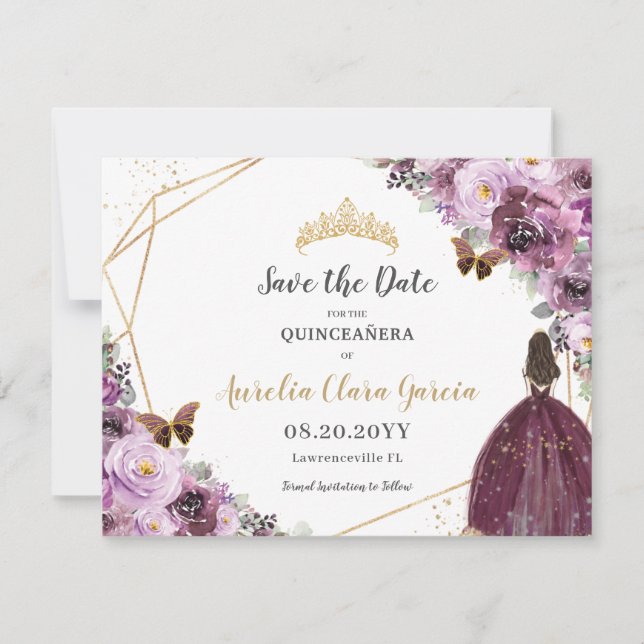 Chic Mauve Plum Lila Floral Tiara Quinceañera Save The Date (Vorderseite)