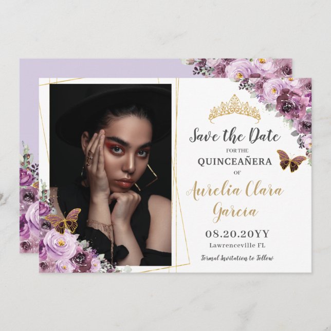 Chic Mauve Plum Lila florales Quinceañera Foto Save The Date (Vorne/Hinten)