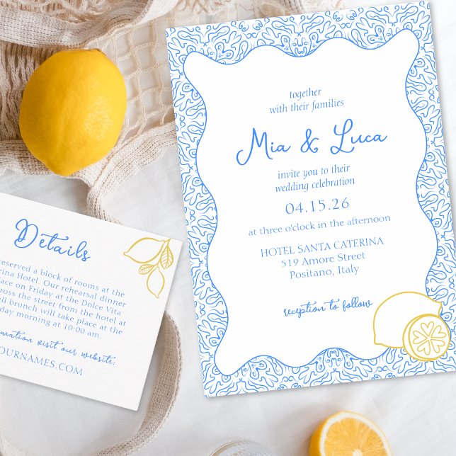 Chic Mediterranean Lemon Blue Tile Italian Wedding Einladung (Luxe Italian wedding invitation featuring a lemon detail, perfect for a Mediterranean celebration.)