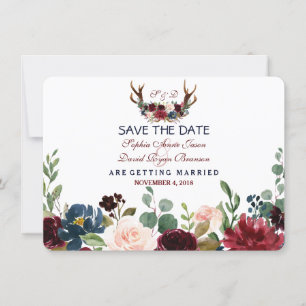 Chic Merlot Navy Blue Floral Antlers Save the Date