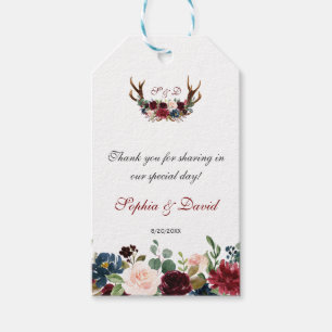 Chic Merlot Navy Blue Floral Antlers Wedding Geschenkanhänger