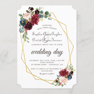 Chic Merlot Navy Blue Floral Gold Rahmen Hochzeit Einladung