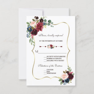 Chic Merlot Navy Blue Floral Wedding RSVP Karte