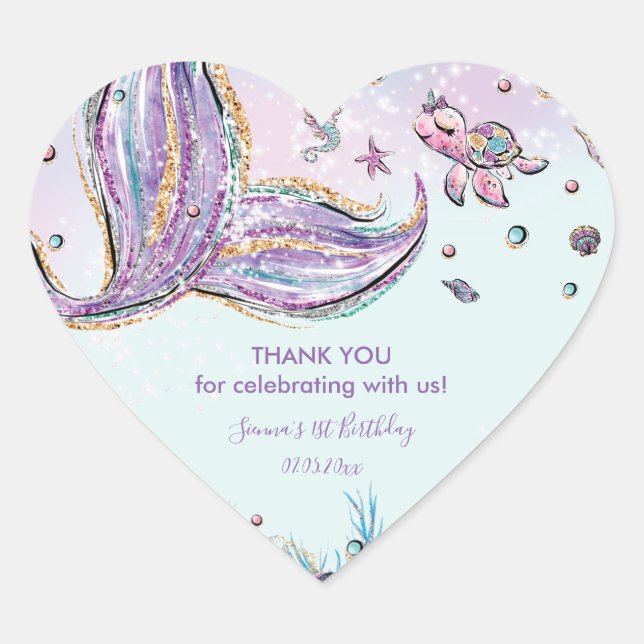 Chic Mermaid Birthday Baby Dusche Vielen Dank für  Herz-Aufkleber (Vorderseite)