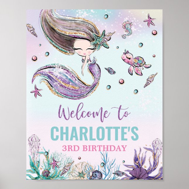 Chic Mermaid Geburtstag unter dem Meer Begrüßungsz Poster (Vorne)