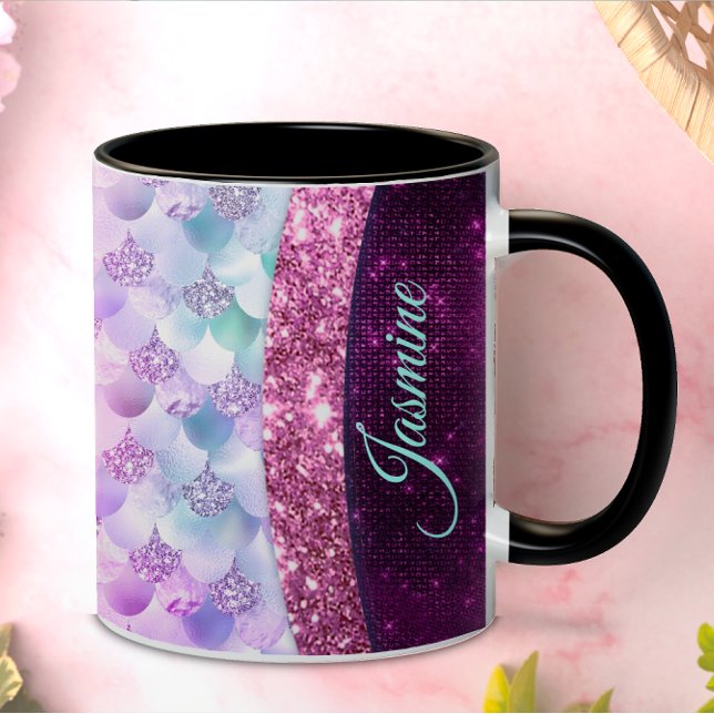 Chic mermaid rosa silberne Imitate Glitzer Monogra Kaffeetasse (Von Creator hochgeladen)