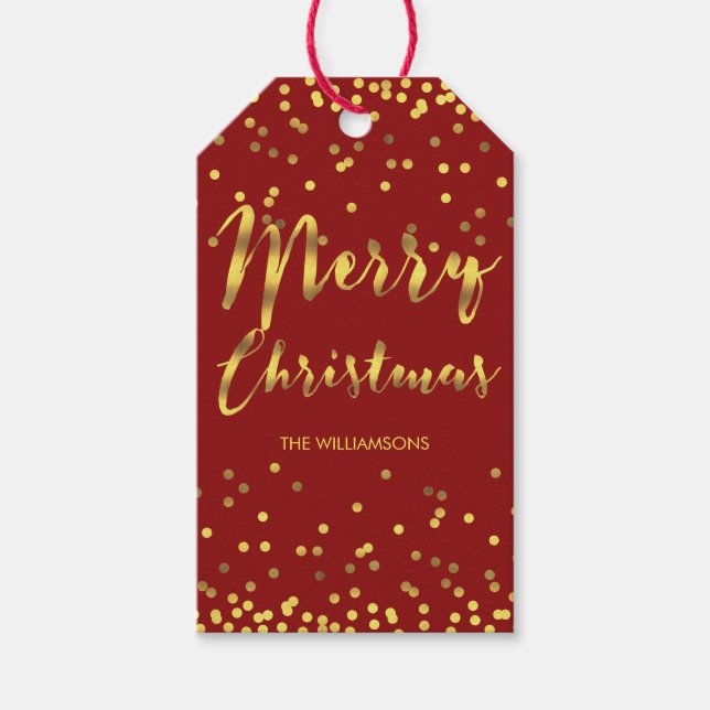 Chic Merry Christmas Gold Foil Confetti Red Geschenkanhänger (Vorderseite)