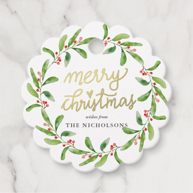 Chic Merry Christmas Holly Wreath | Gold Script Geschenkanhänger (Vorderseite)