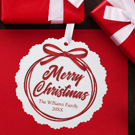 Chic Merry Christmas Script Red Ribbon Bow Custom Ornament Karte