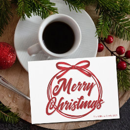 Chic Merry Christmas Script Red Ribbon Bow Feiertagskarte