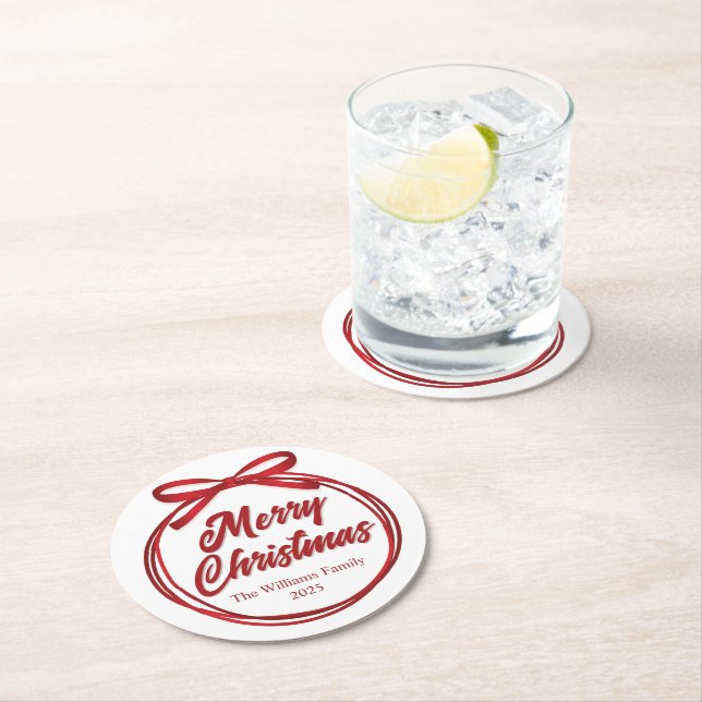 Chic Merry Christmas Script Red Ribbon Bow Party Runder Pappuntersetzer (Vor Ort)