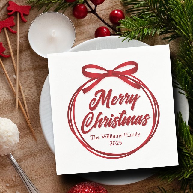 Chic Merry Christmas Script Red Ribbon Bow Party Serviette (Von Creator hochgeladen)