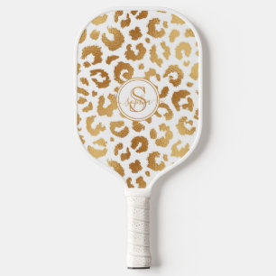 Chic Metallic Gold & White Leopard Print Girls Pickleball Schläger