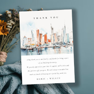 Chic Miami Florida Skyline Watercolor Wedding Dankeskarte