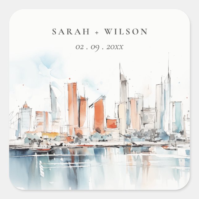 Chic Miami Florida Skyline Watercolor Wedding Quadratischer Aufkleber (Vorderseite)