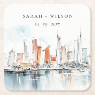 Chic Miami Florida Skyline Watercolor Wedding Rechteckiger Pappuntersetzer