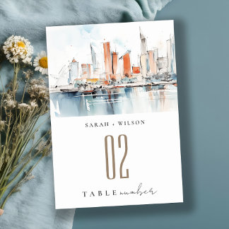 Chic Miami Florida Skyline Watercolor Wedding Tischnummer