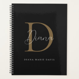 Chic Midnight Black Mossy Gold Script Monogram Planer
