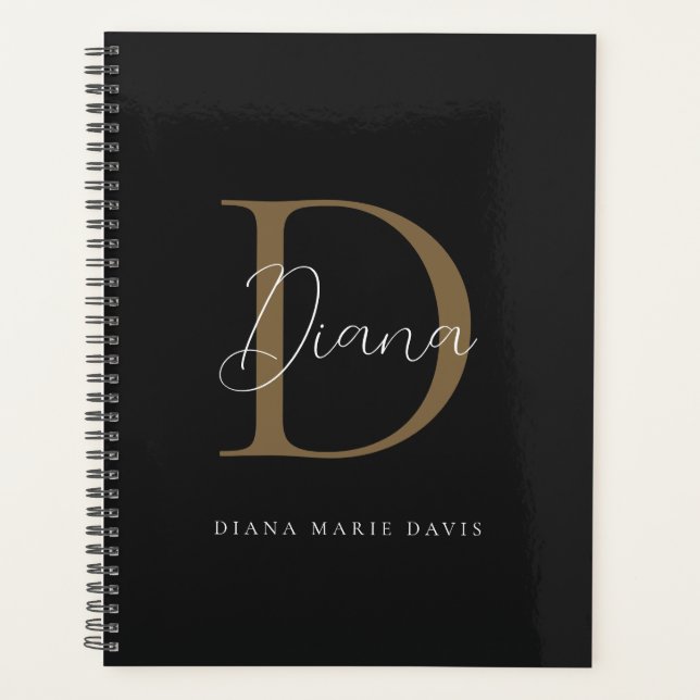 Chic Midnight Black Mossy Gold Script Monogram Planer (Vorderseite)