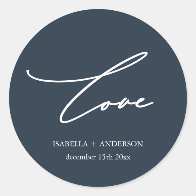 Chic Midnight Blue Liebe Script mit Name Wedding Runder Aufkleber (Vorderseite)