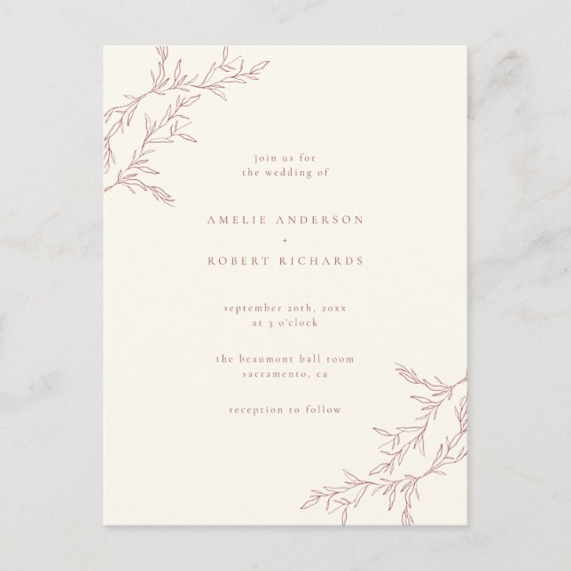 Chic Minimal Cream & Mled Red Foliage Wedding Einladungspostkarte (Vorderseite)