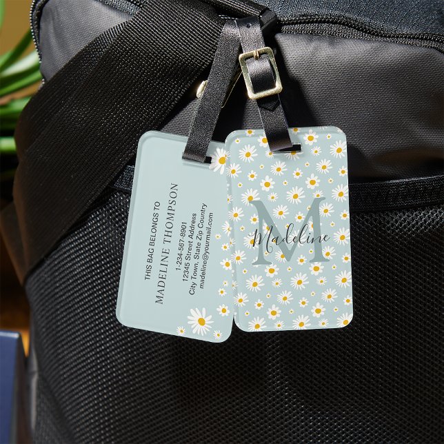 Chic Minimal Daisy Teal Script Monogram Gepäckanhänger (Von Creator hochgeladen)