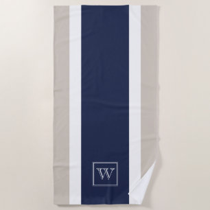 Chic Minimal Navy Blue Gray White Stripes Monogram Strandtuch