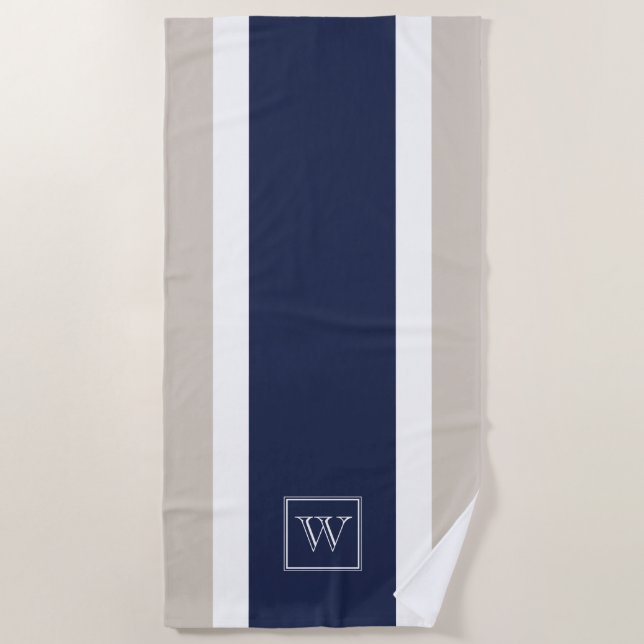 Chic Minimal Navy Blue Gray White Stripes Monogram Strandtuch (Vorderseite)