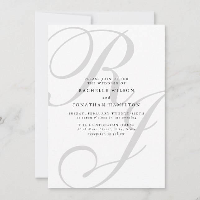Chic Minimal Schwarz-weiß Monogram Wedding Einladung (Vorderseite)