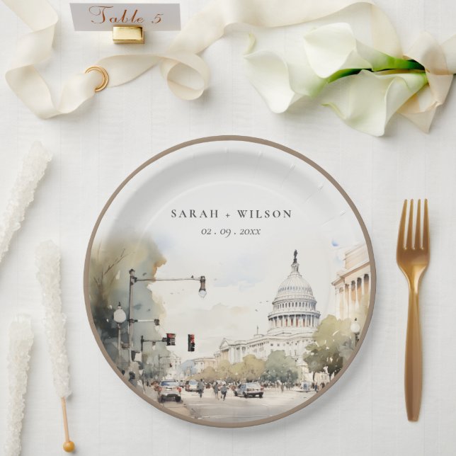 Chic Minimal Washington DC, USA Watercolor Wedding Pappteller (Hochzeit)