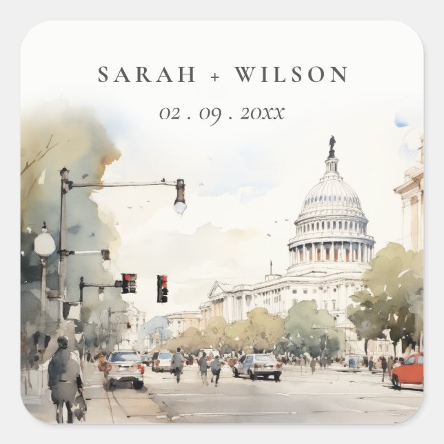 Chic Minimal Washington DC, USA Watercolor Wedding Quadratischer Aufkleber (Vorderseite)