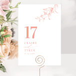 Chic, minimale Botanische Blush Pink Peach Hochzei Tischnummer<br><div class="desc">Führe deine Gäste mit dieser eleganten Hochzeitskarte zu ihrem Tisch. Mit dieser Tischnummer. Stilvolles und einfaches Design mit Namen auf der Seite und dem "und" in moderner handgeschriebener Kalligrafie. Feine, handgezeichnet, botanische Grünecke in Rosa- und Pfirsichtönen. Bitte geben Sie für jede Tischnummer eine individuelle Bestellung auf (d.h. für eine Veranstaltung...</div>