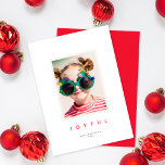 Chic Minimalist Type JOYFUL Christmas One Photo Feiertagskarte<br><div class="desc">This elegant yet minimalist holiday photo card allows your photo to really shine! On the front there is a greeting that simply says "JOYFUL" in red but is editable so it can be changed to anything you like (MERRY, BLESSED, REJOICE, etc). This design accommodates one vertical photo. You can further...</div>