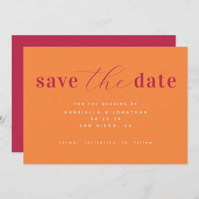 Chic Minimalistisch Magenta Pink Orange Wedding Re Save The Date (Vorne/Hinten)