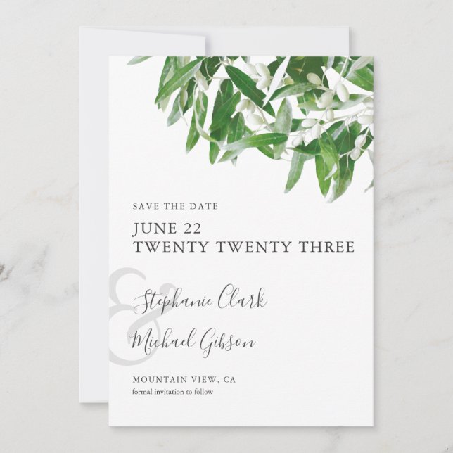 Chic Minimalistisch Olive Blätter Wedding Save the Save The Date (Vorderseite)