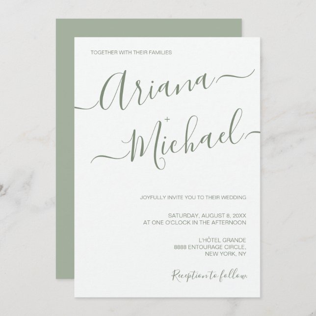 Chic Minimalistisch Typografy Sage green Wedding Einladung (Vorne/Hinten)